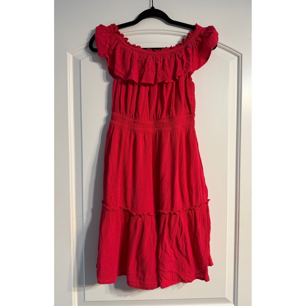 Tommy Bahama Dress Womens XXS Red Gauze Off-Shoulder Smocked‎ Tiered Ruffle